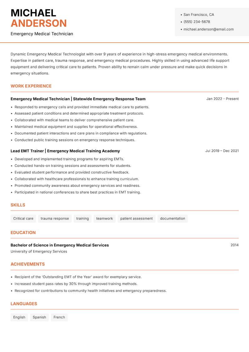 Emergency Medical Technologist resume sample — Emergency Medical Technician focus