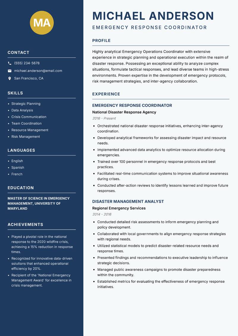 Emergency Operations Coordinator resume sample — Emergency Response Coordinator focus