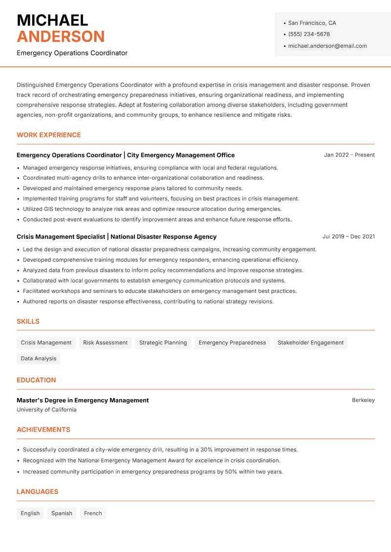 Emergency Operations Coordinator resume sample — Emergency Operations Coordinator focus