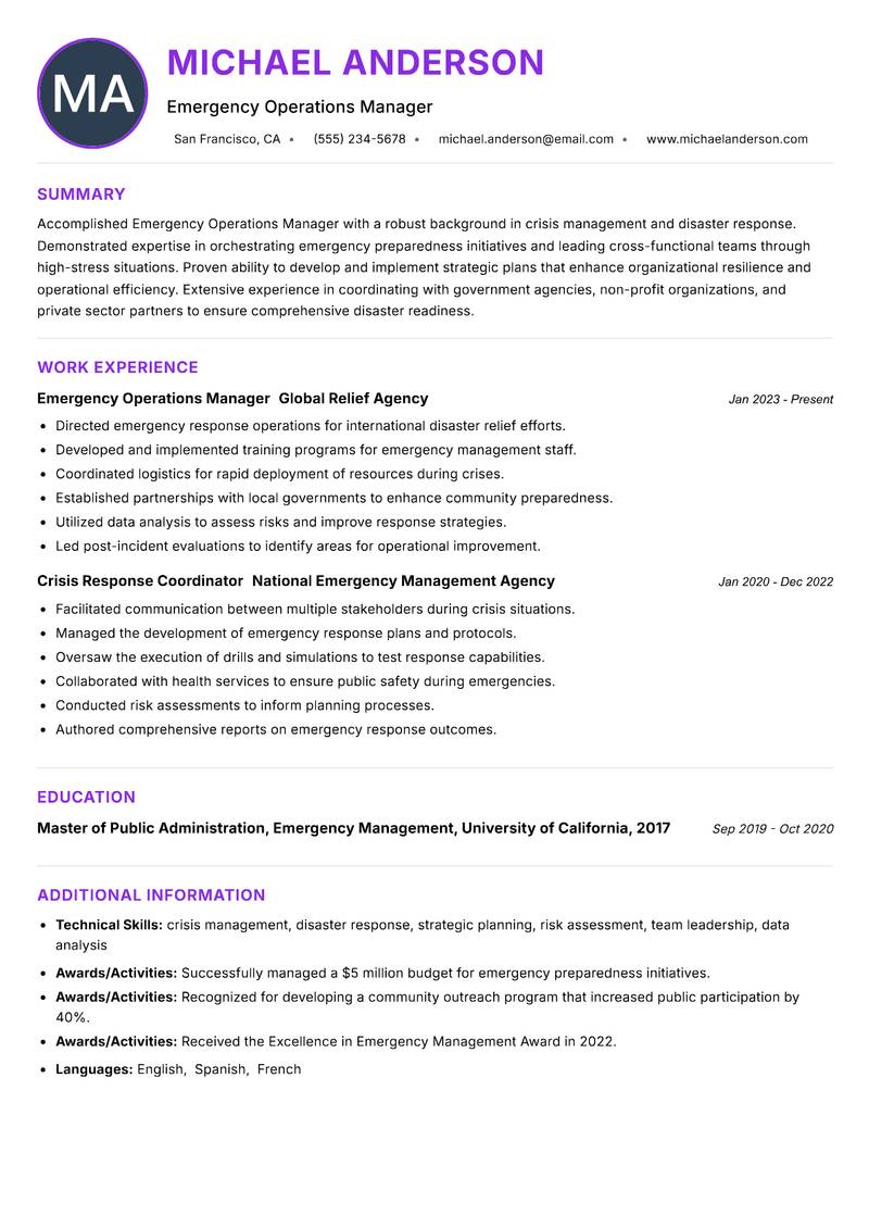 Emergency Operations Manager resume example