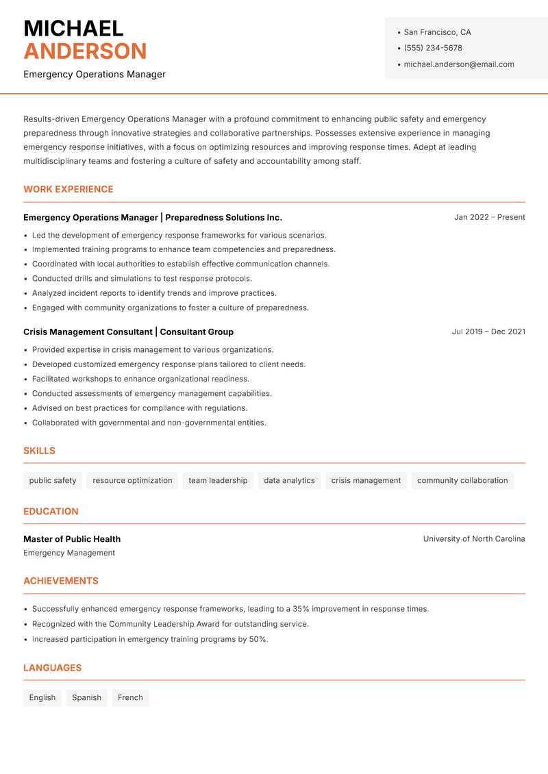 Emergency Operations Manager resume sample — Emergency Operations Manager focus