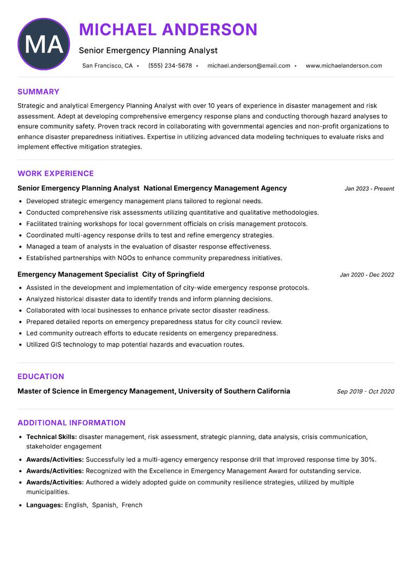 Emergency Planning Analyst resume example