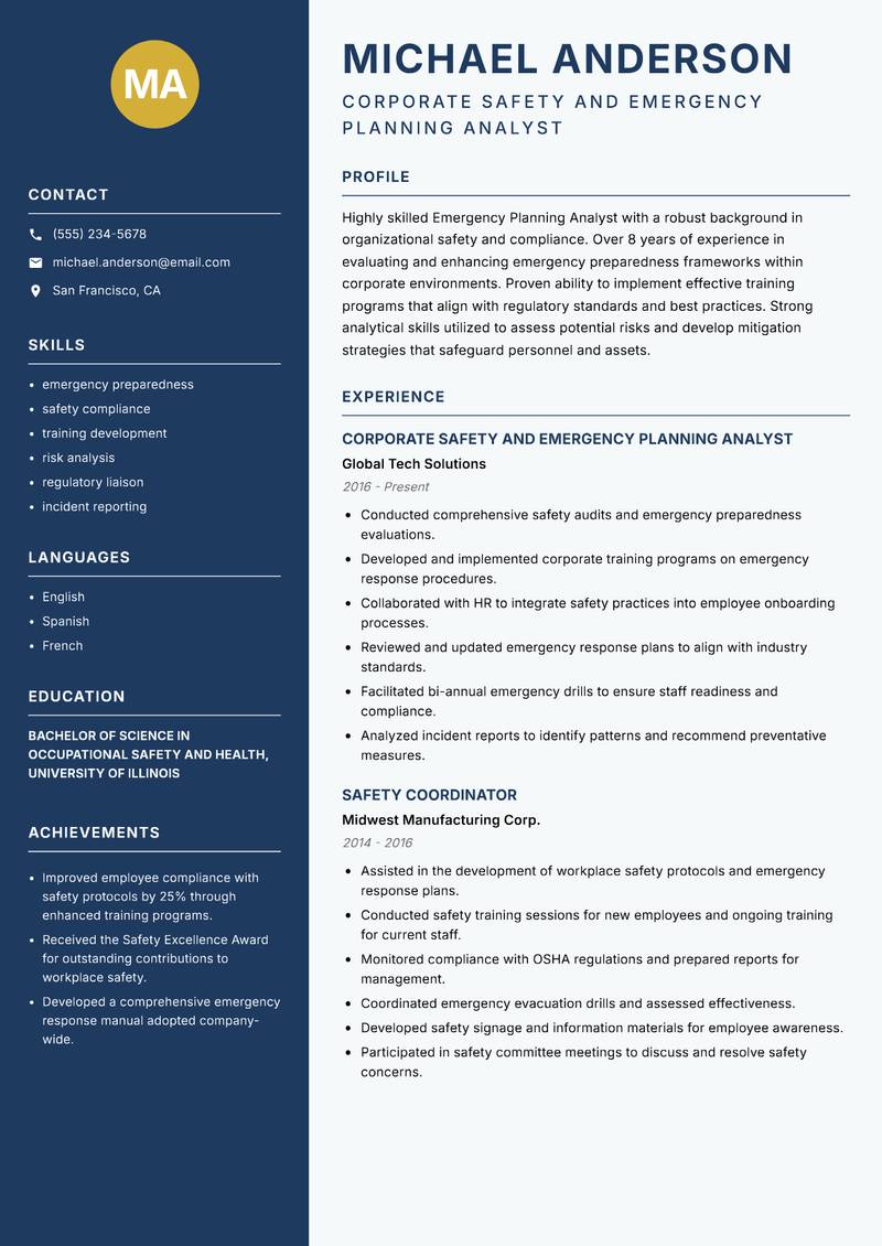 Emergency Planning Analyst resume sample — Corporate Safety and Emergency Planning Analyst focus