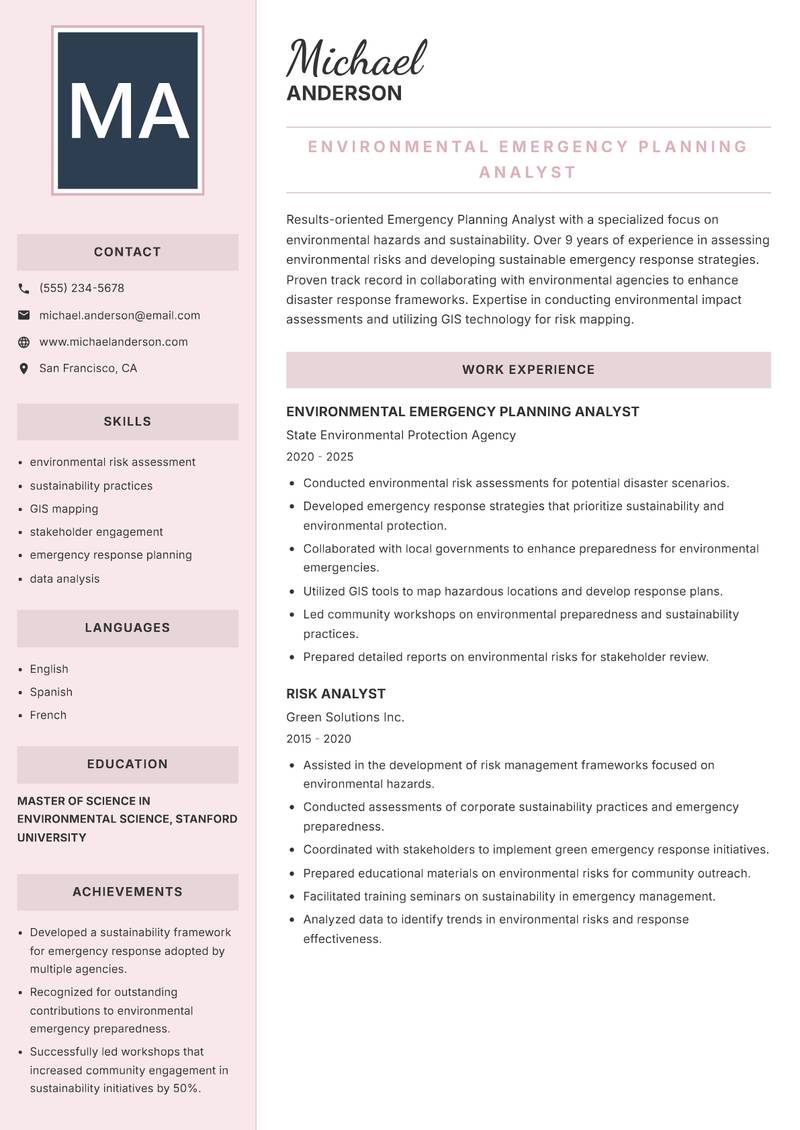 Emergency Planning Analyst resume sample — Environmental Emergency Planning Analyst focus