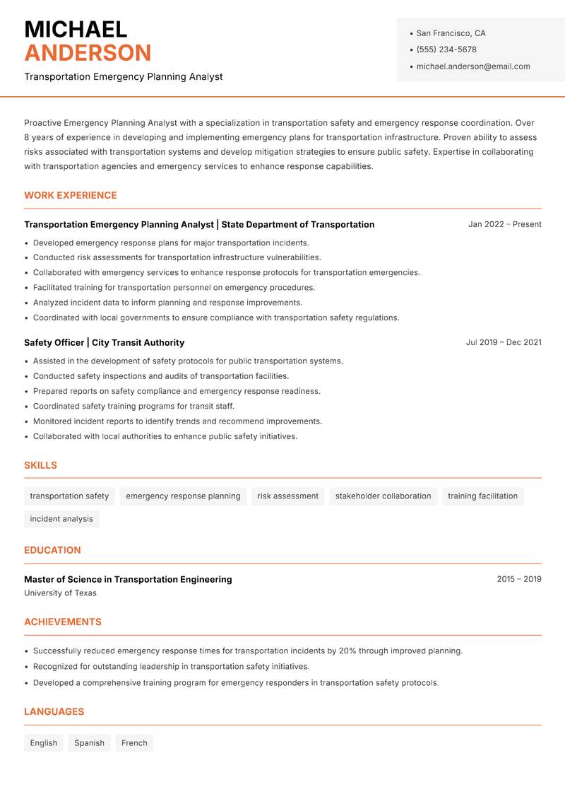 Emergency Planning Analyst resume sample — Transportation Emergency Planning Analyst focus