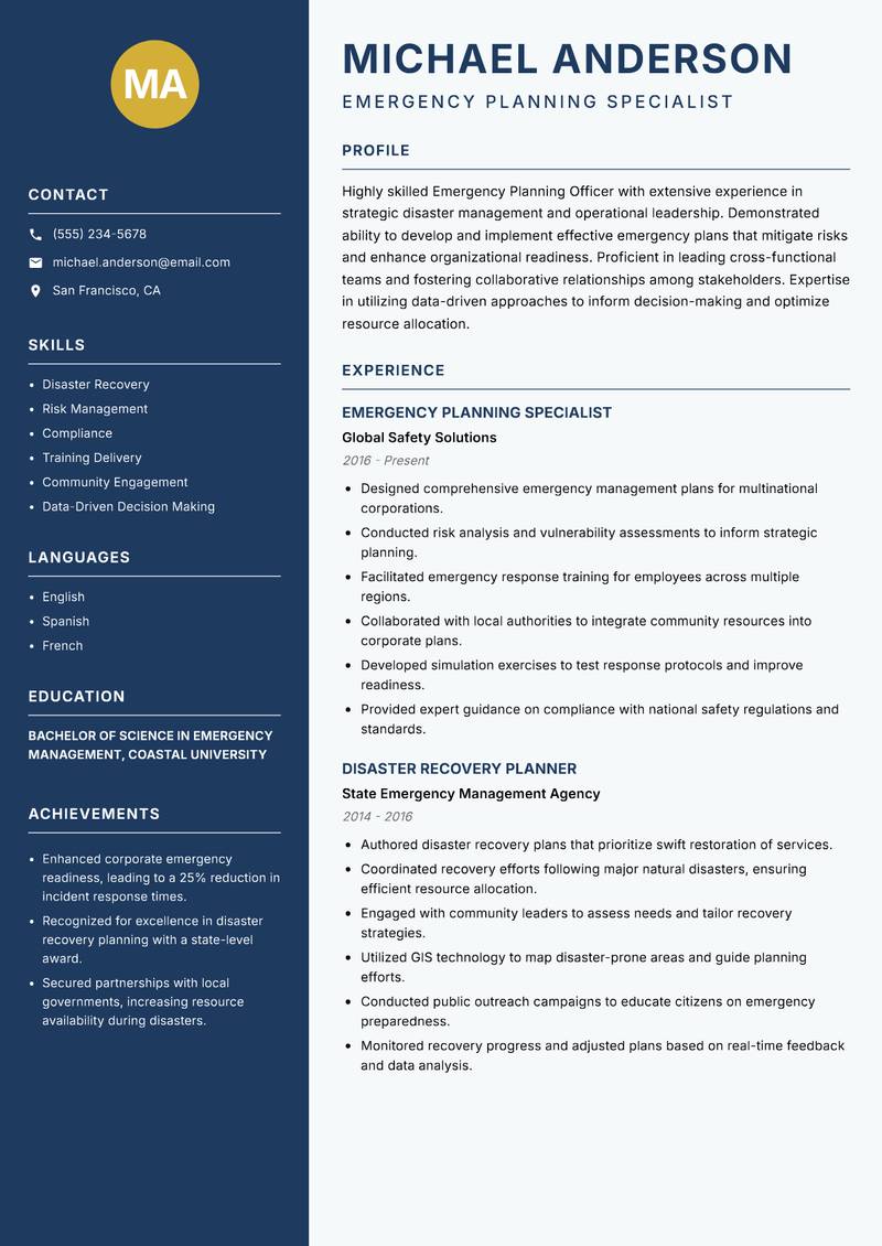 Emergency Planning Officer resume sample — Emergency Planning Specialist focus