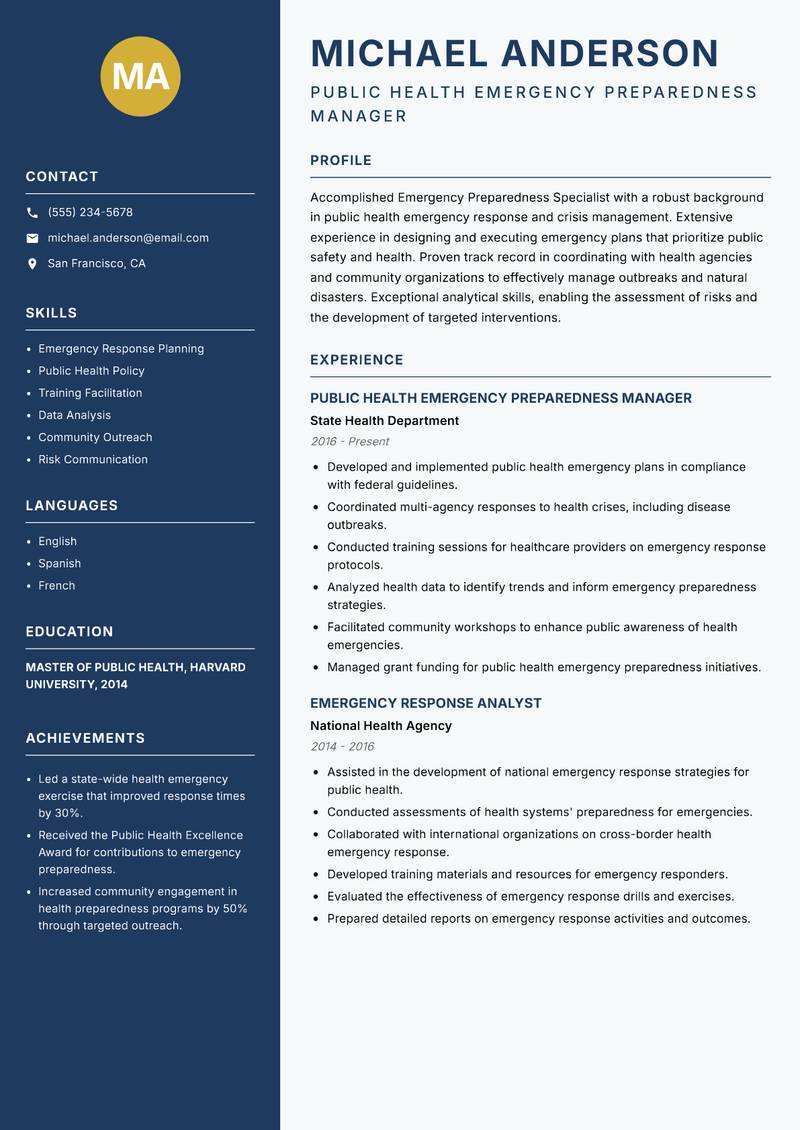 Emergency Preparedness Specialist resume sample — Public Health Emergency Preparedness Manager focus