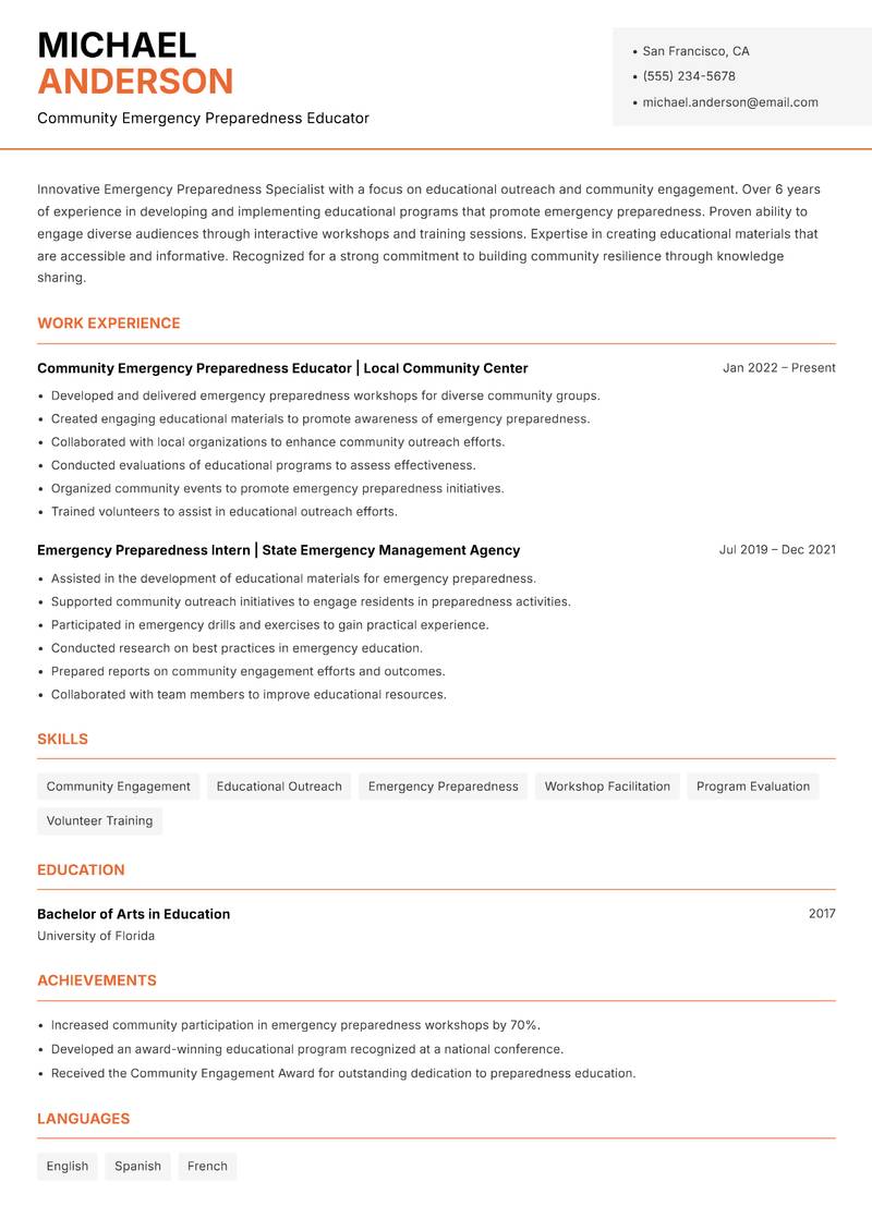 Emergency Preparedness Specialist resume sample — Community Emergency Preparedness Educator focus