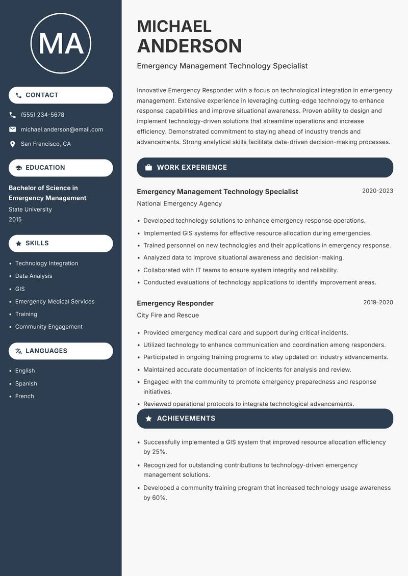 Emergency Responder resume sample — Emergency Management Technology Specialist focus