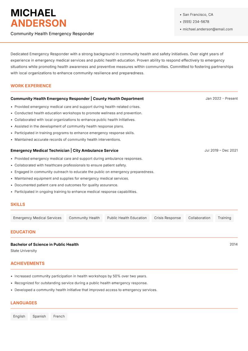 Emergency Responder resume sample — Community Health Emergency Responder focus