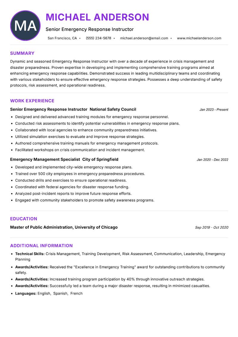 Emergency Response Instructor resume example