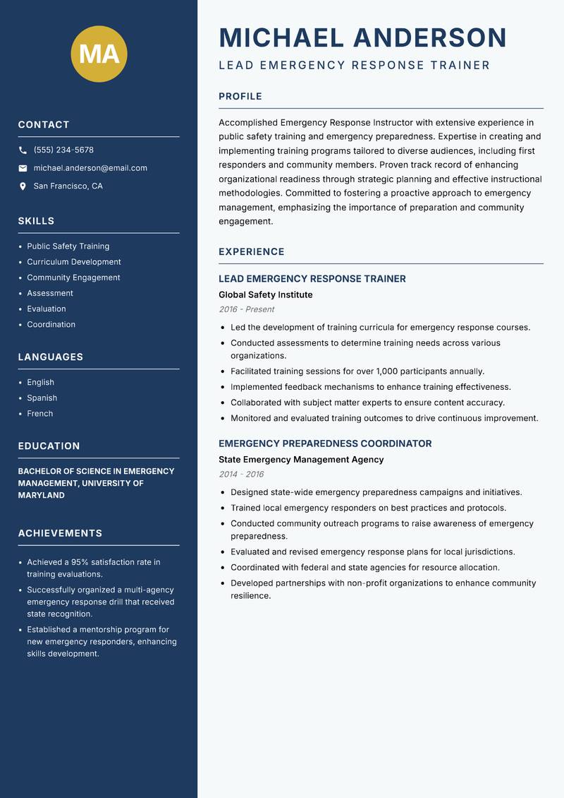 Emergency Response Instructor resume sample — Lead Emergency Response Trainer focus