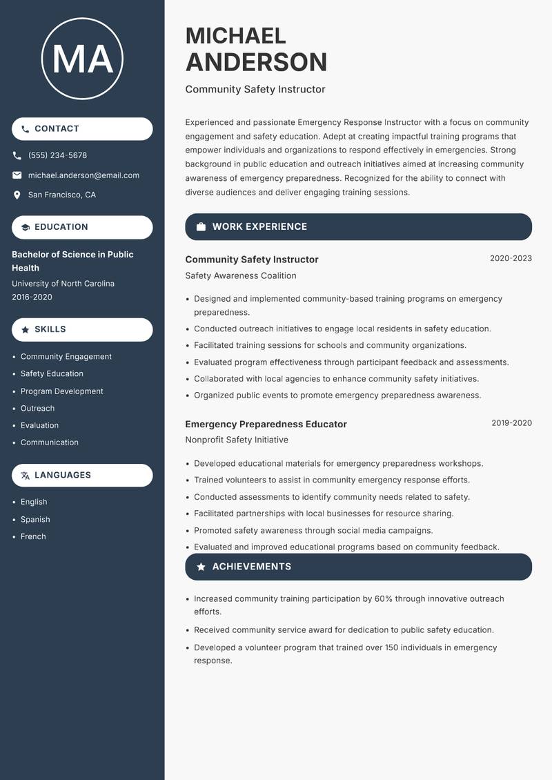Emergency Response Instructor resume sample — Community Safety Instructor focus