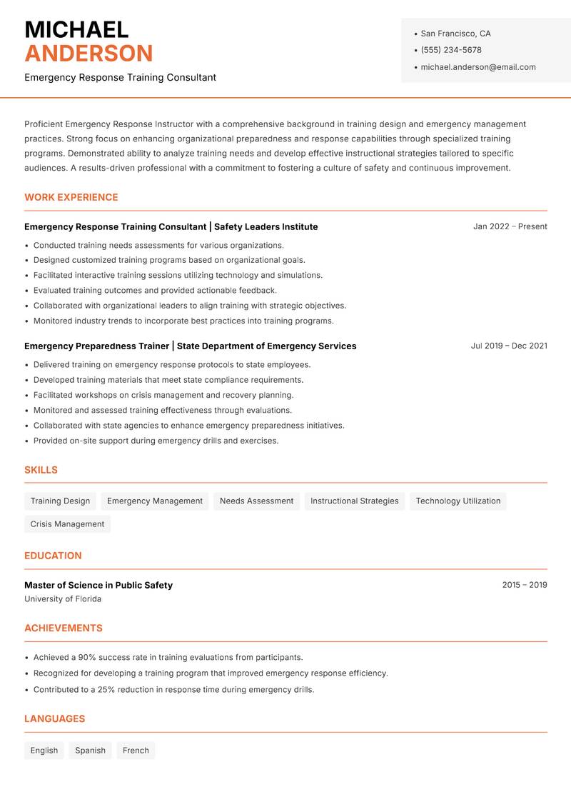 Emergency Response Instructor resume sample — Emergency Response Training Consultant focus