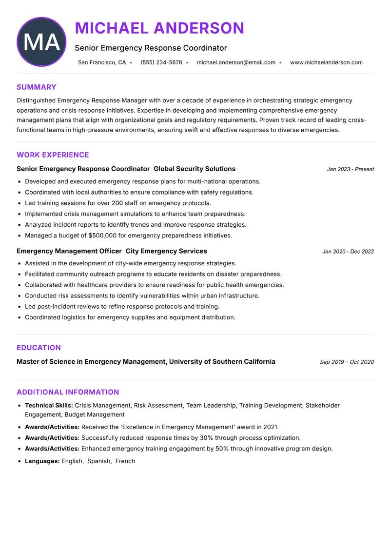 Emergency Response Manager resume example
