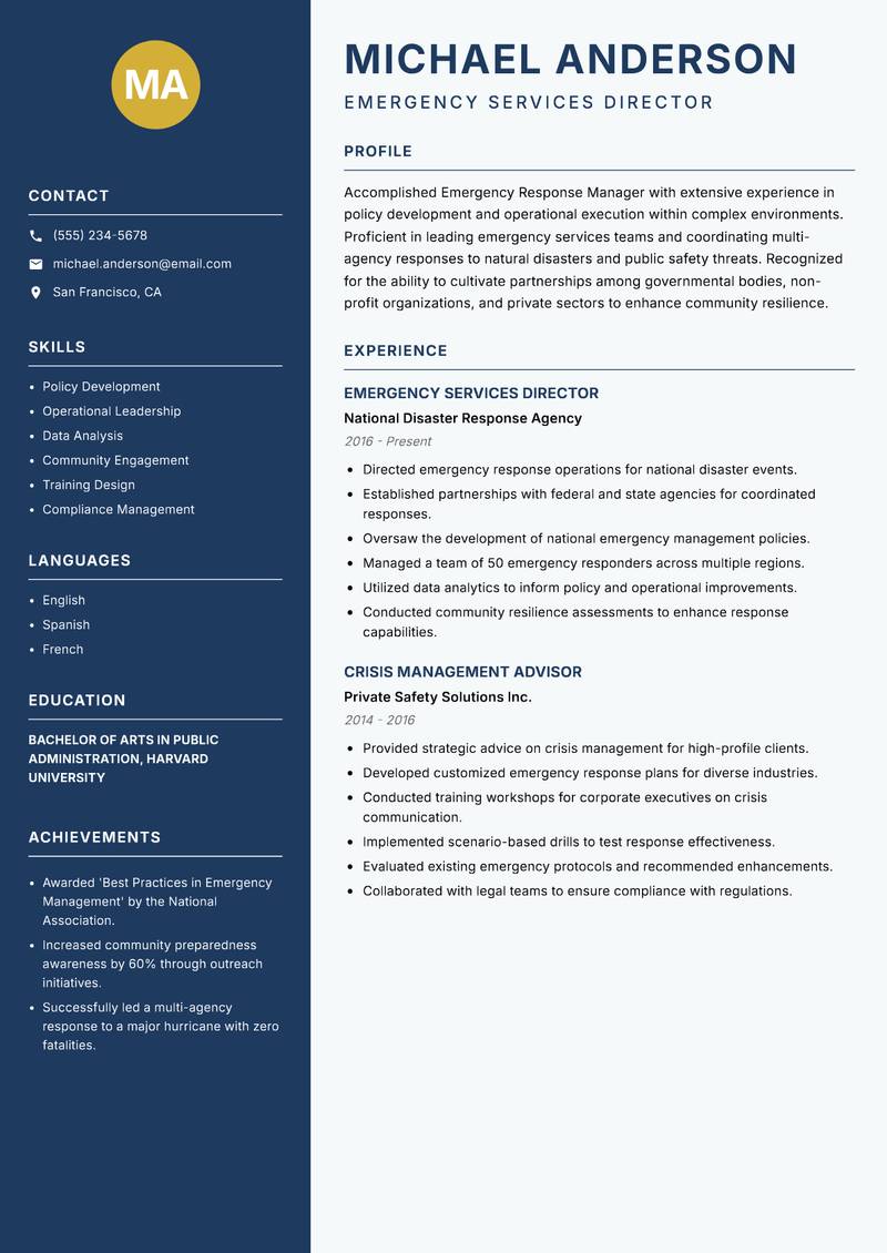 Emergency Response Manager resume sample — Emergency Services Director focus