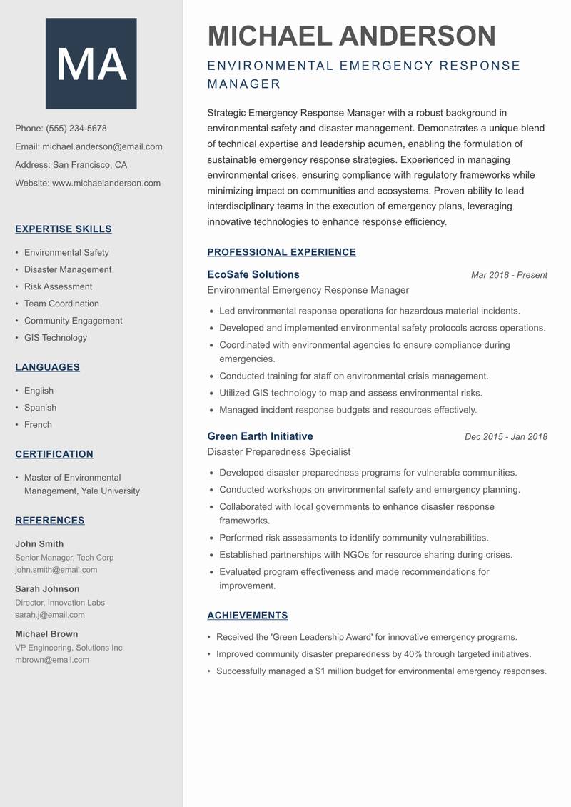 Emergency Response Manager resume sample — Environmental Emergency Response Manager focus