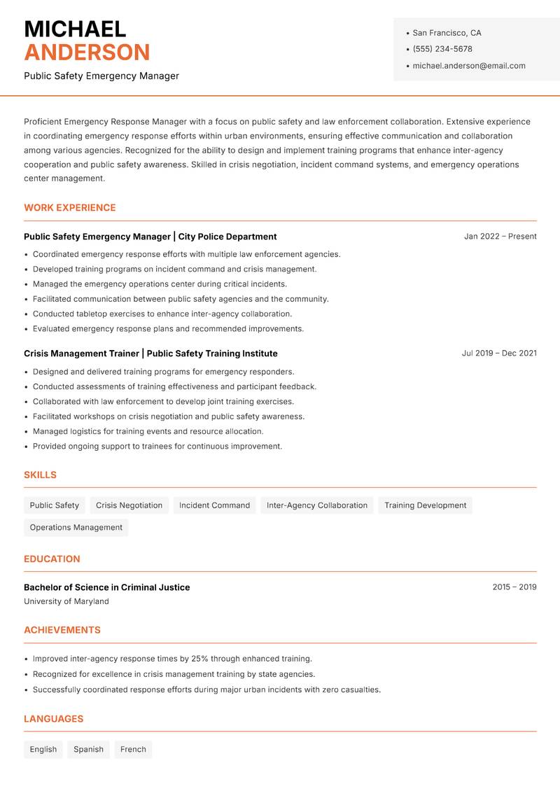 Emergency Response Manager resume sample — Public Safety Emergency Manager focus