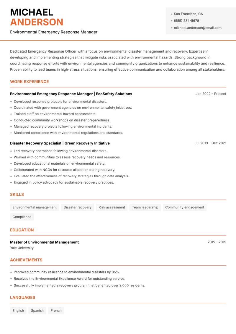 Emergency Response Officer resume sample — Environmental Emergency Response Manager focus