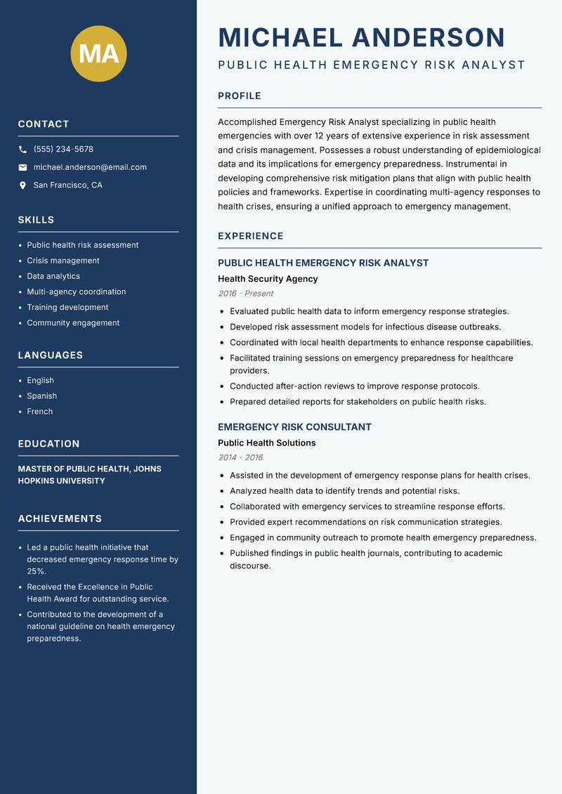 Emergency Risk Analyst resume sample — Public Health Emergency Risk Analyst focus