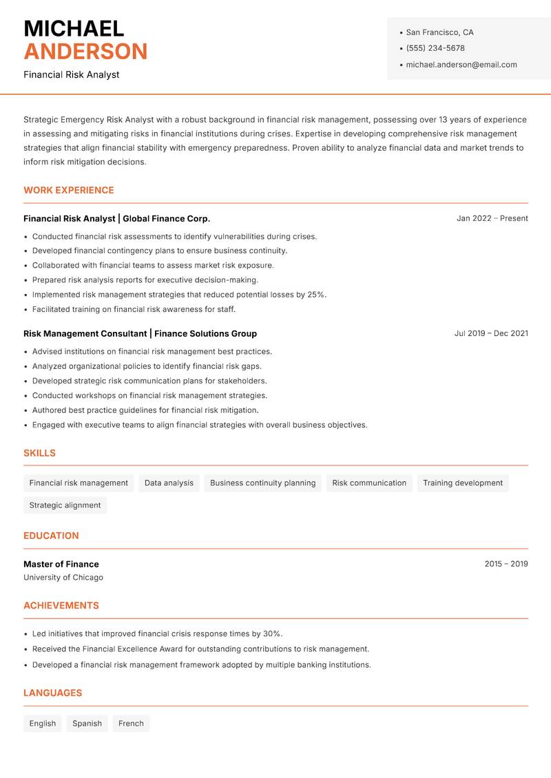 Emergency Risk Analyst resume sample — Financial Risk Analyst focus