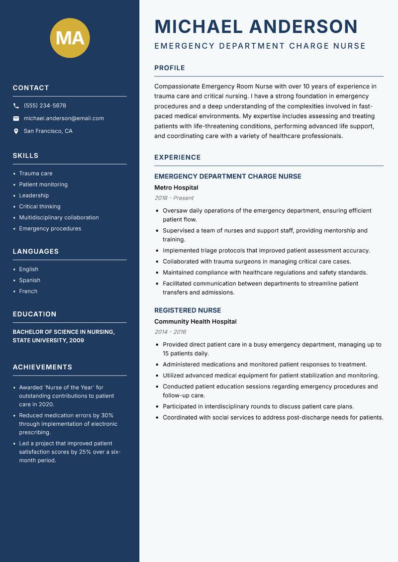Emergency Room Nurse resume sample — Emergency Department Charge Nurse focus