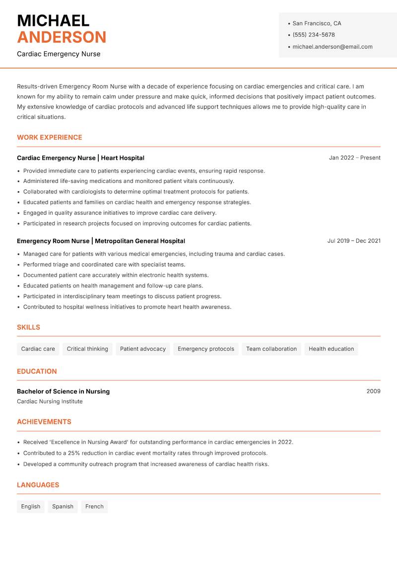 Emergency Room Nurse resume sample — Cardiac Emergency Nurse focus