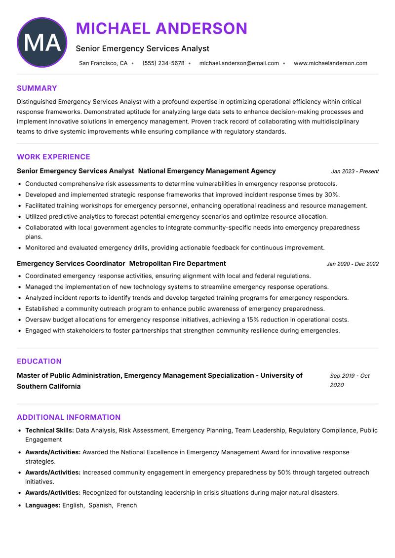 Emergency Services Analyst resume example
