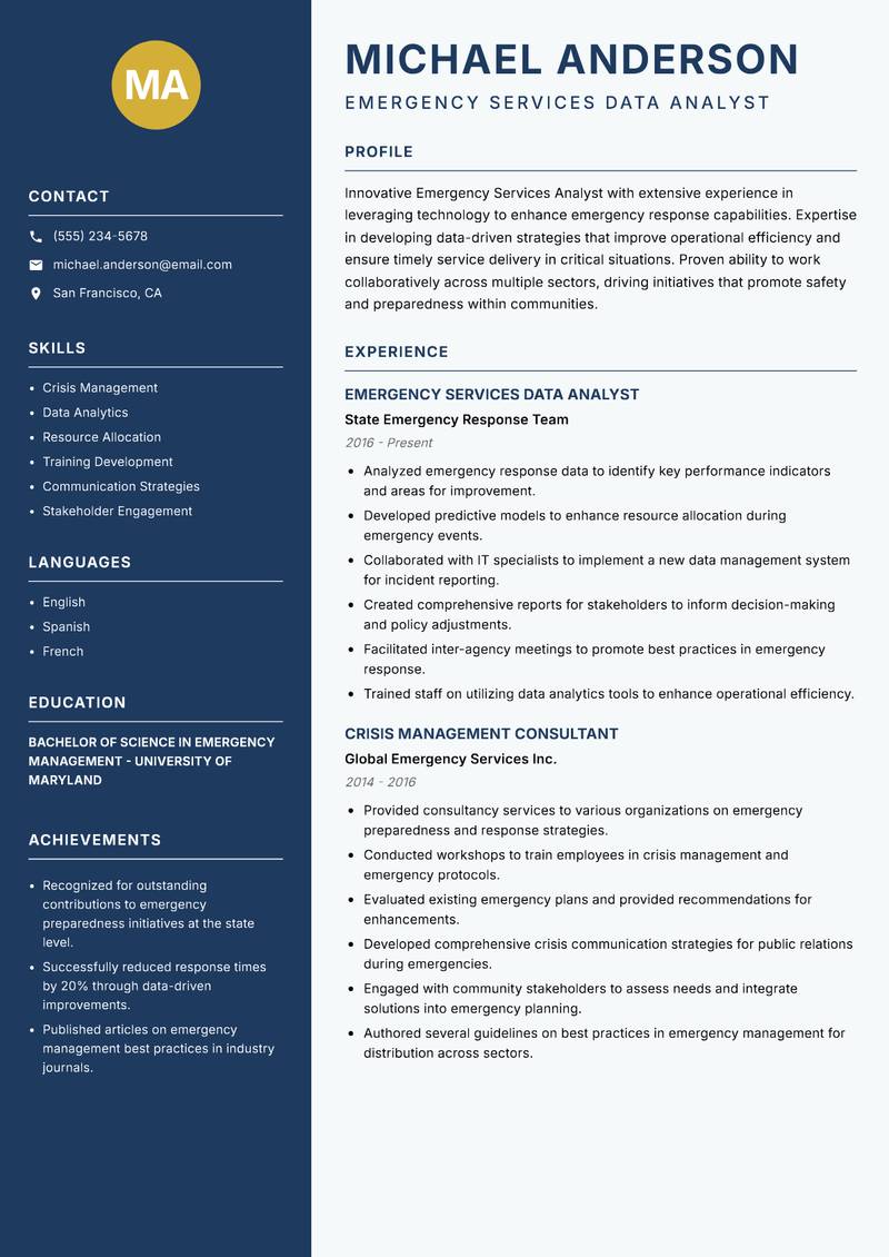 Emergency Services Analyst resume sample — Emergency Services Data Analyst focus