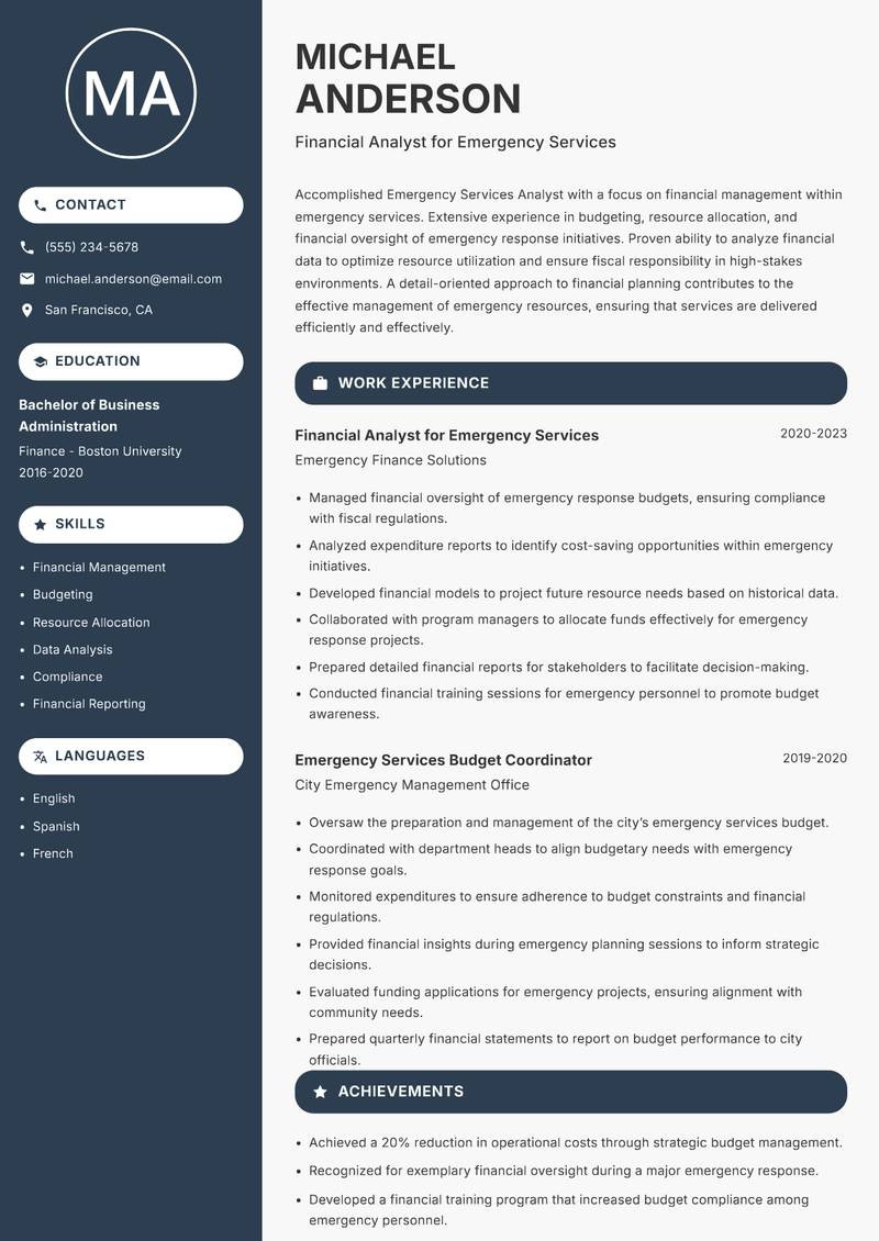 Emergency Services Analyst resume sample — Financial Analyst for Emergency Services focus