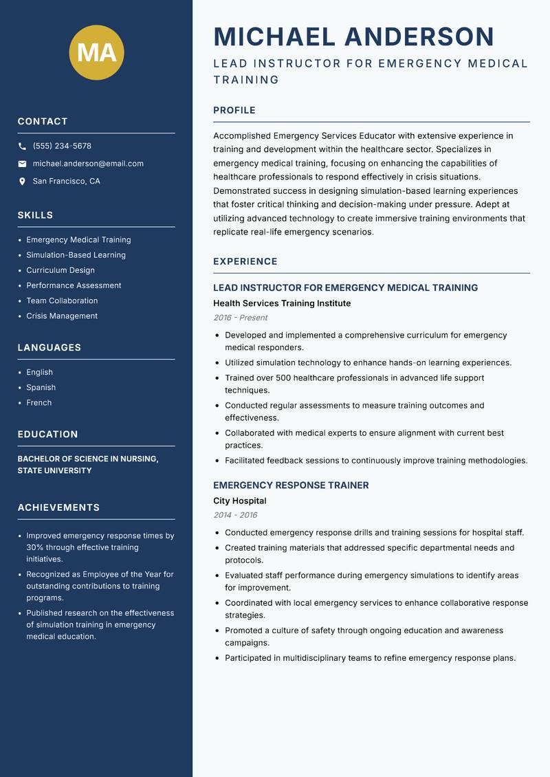 Emergency Services Educator resume sample — Lead Instructor for Emergency Medical Training focus