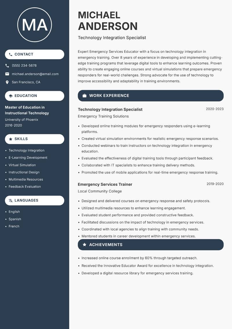 Emergency Services Educator resume sample — Technology Integration Specialist focus