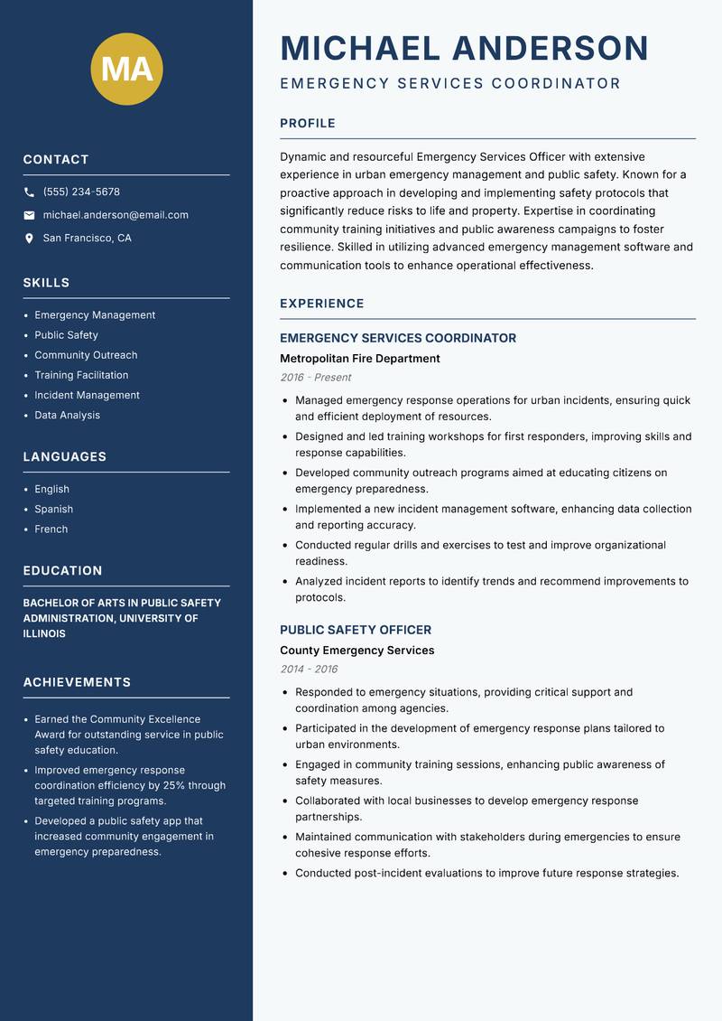 Emergency Services Officer resume sample — Emergency Services Coordinator focus