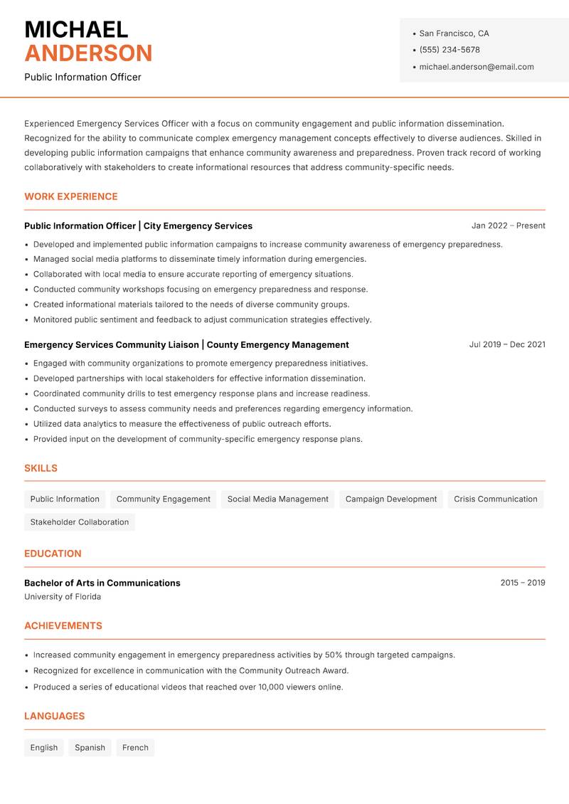 Emergency Services Officer resume sample — Public Information Officer focus