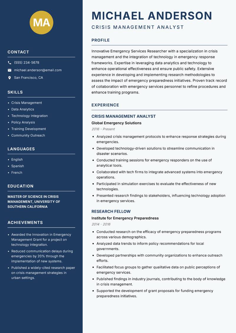 Emergency Services Researcher resume sample — Crisis Management Analyst focus