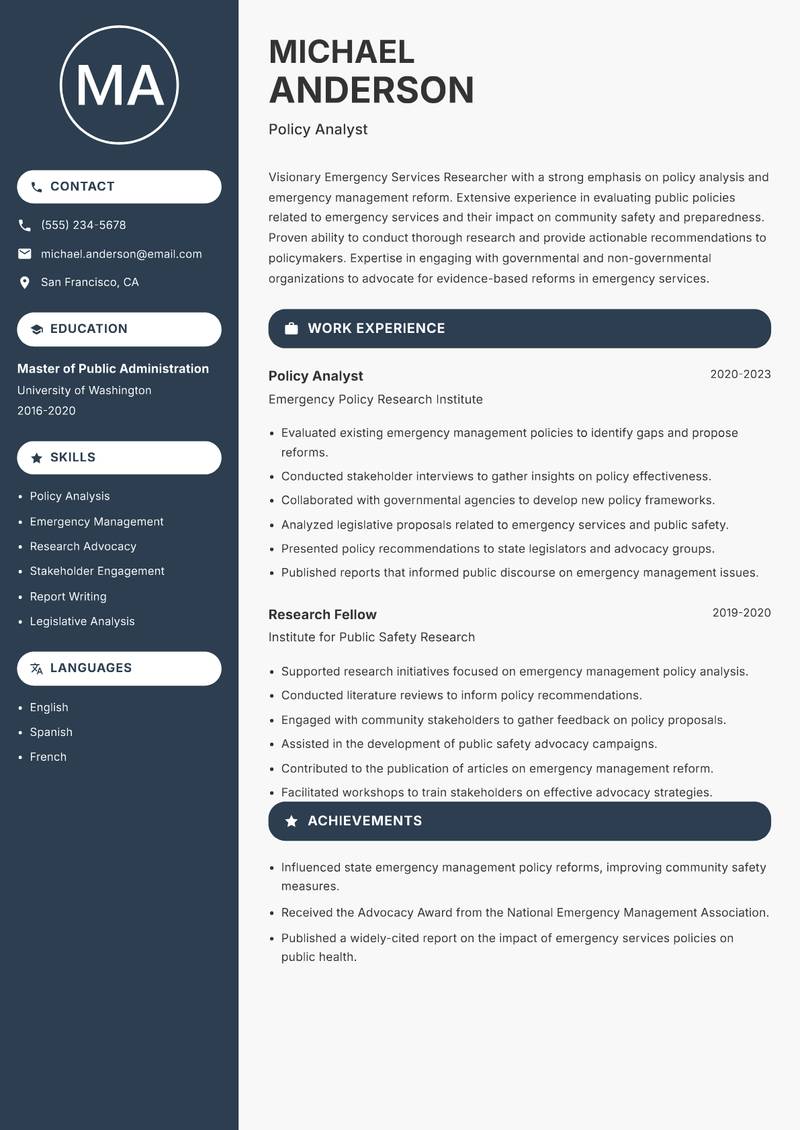 Emergency Services Researcher resume sample — Policy Analyst focus
