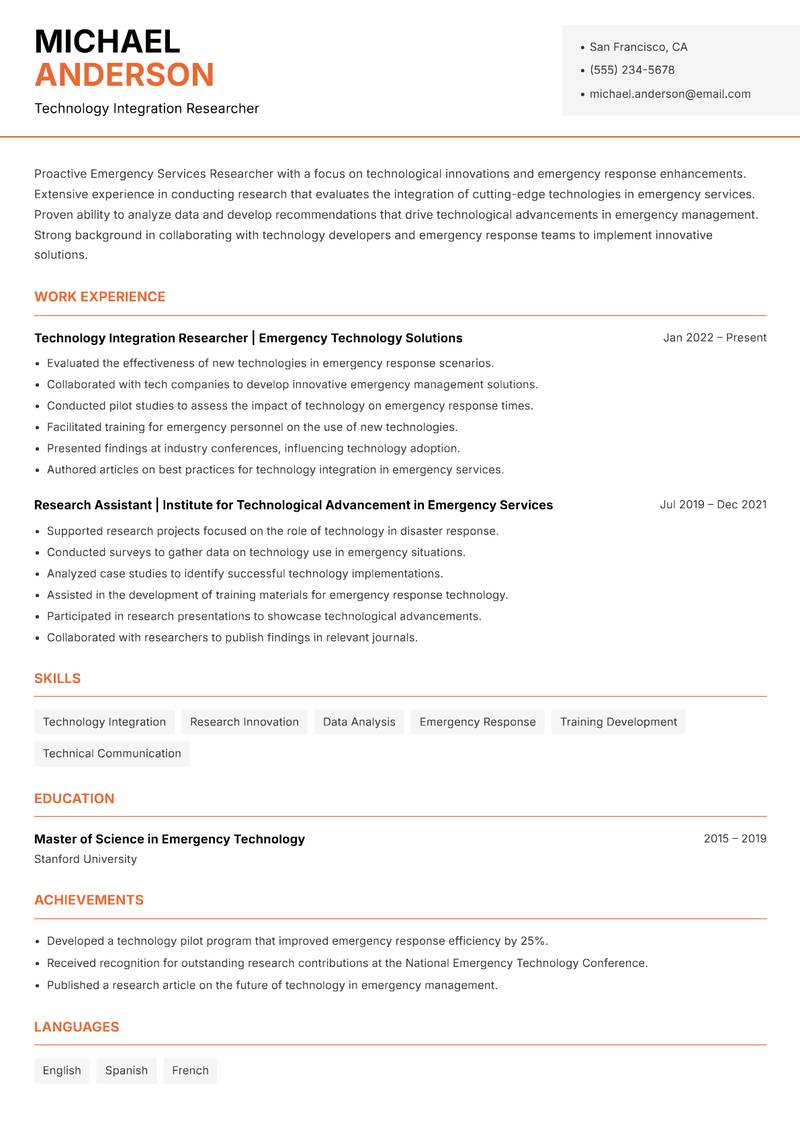 Emergency Services Researcher resume sample — Technology Integration Researcher focus