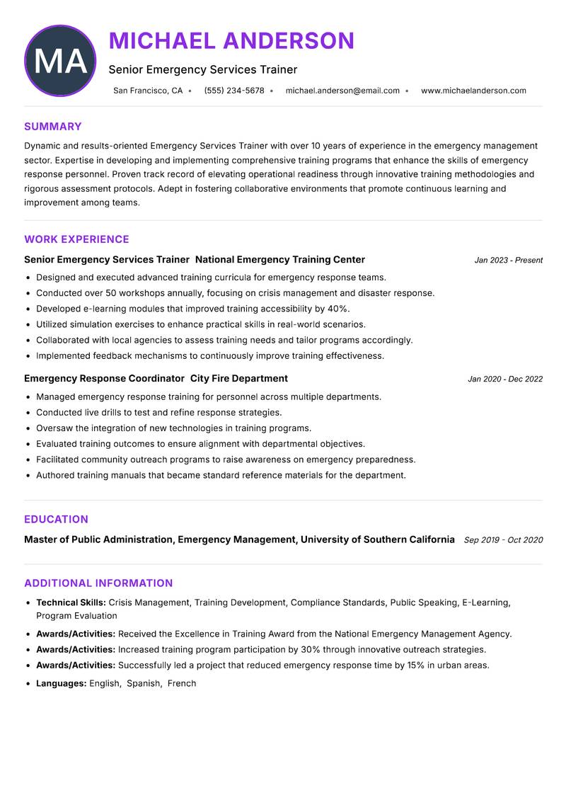 Emergency Services Trainer resume example