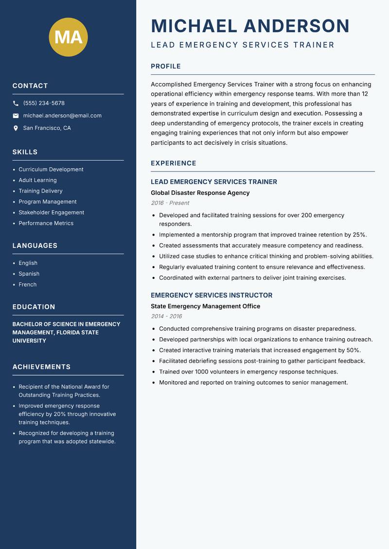 Emergency Services Trainer resume sample — Lead Emergency Services Trainer focus
