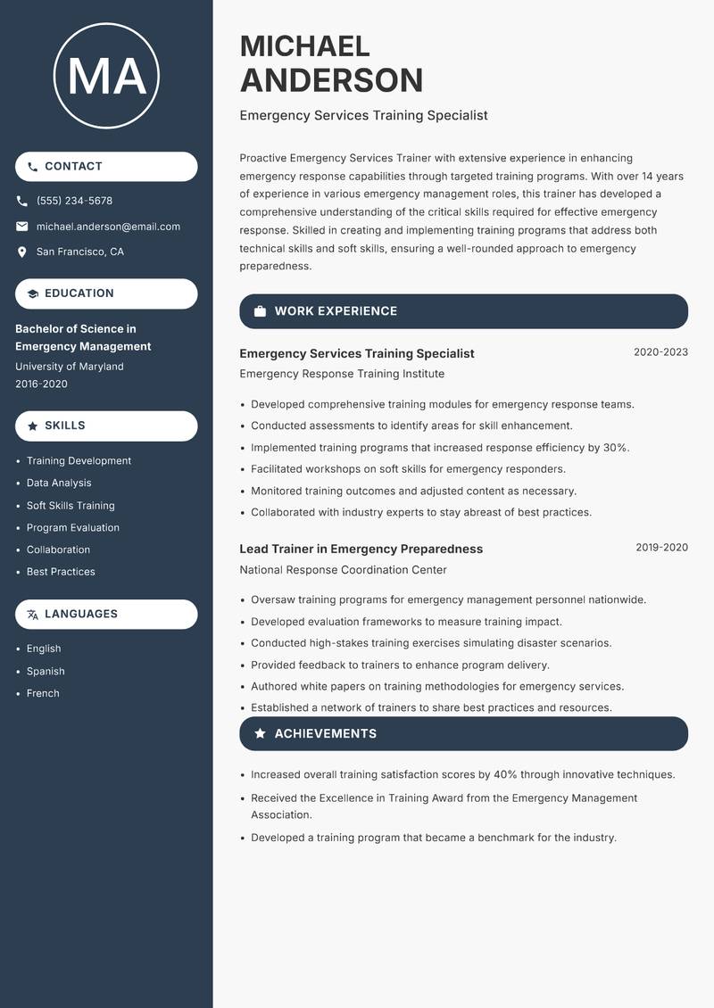 Emergency Services Trainer resume sample — Emergency Services Training Specialist focus