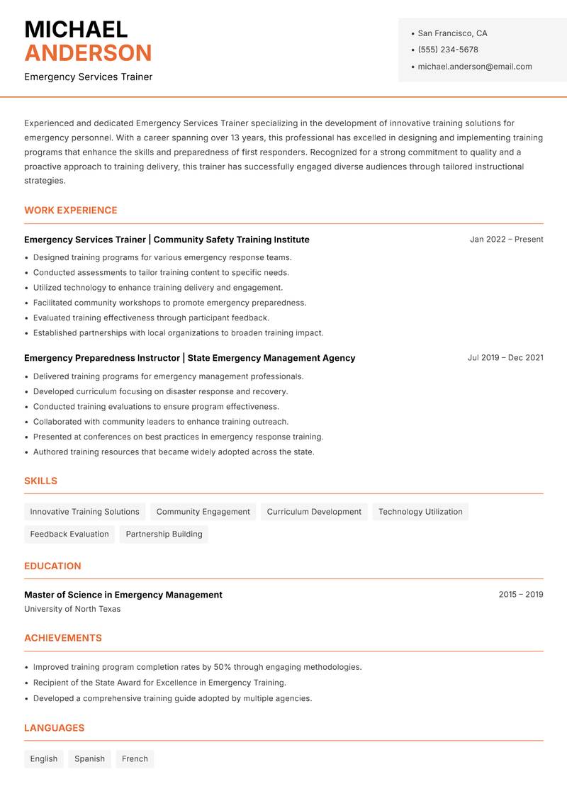 Emergency Services Trainer resume sample — Emergency Services Trainer focus