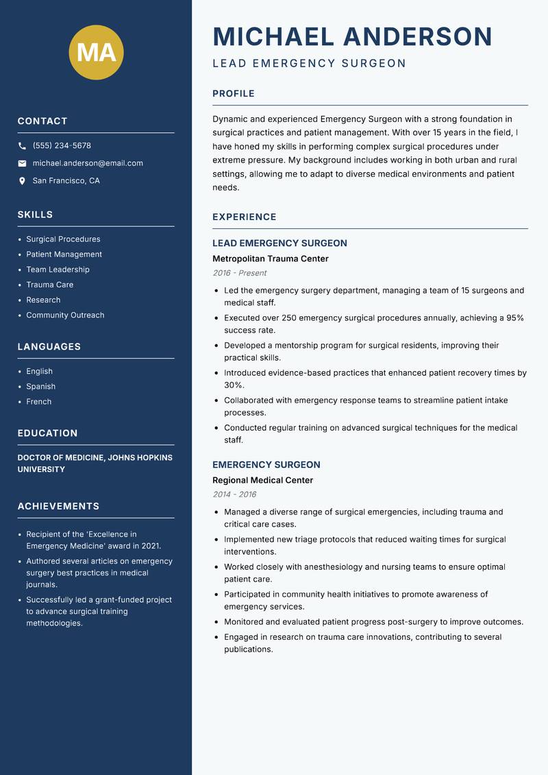 Emergency Surgeon resume sample — Lead Emergency Surgeon focus