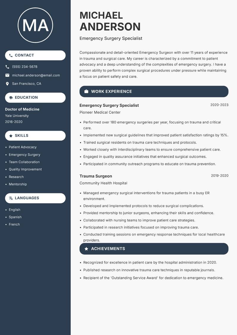 Emergency Surgeon resume sample — Emergency Surgery Specialist focus