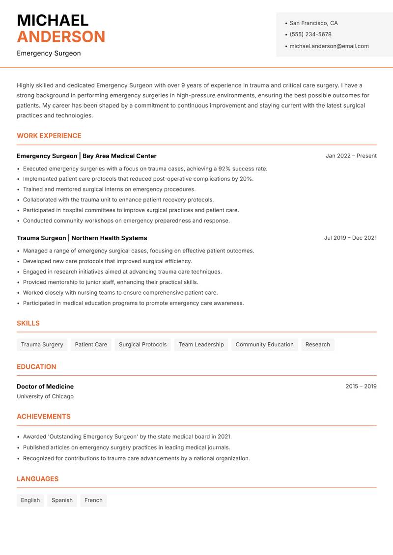 Emergency Surgeon resume sample — Emergency Surgeon focus