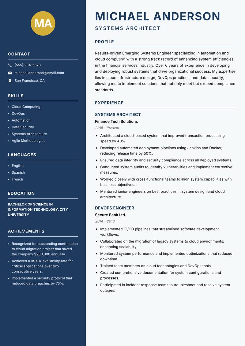 Emerging Systems Engineer resume sample — Systems Architect focus