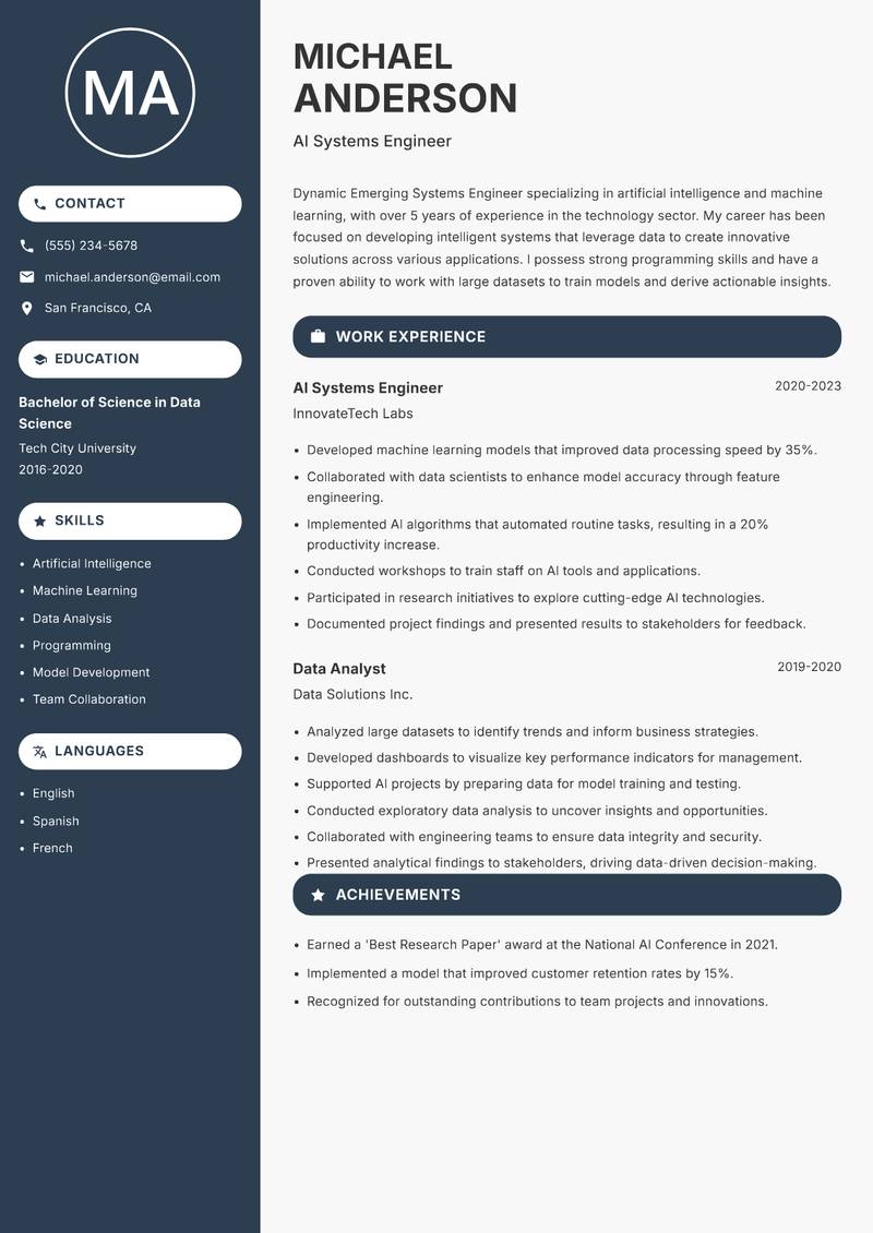 Emerging Systems Engineer resume sample — AI Systems Engineer focus