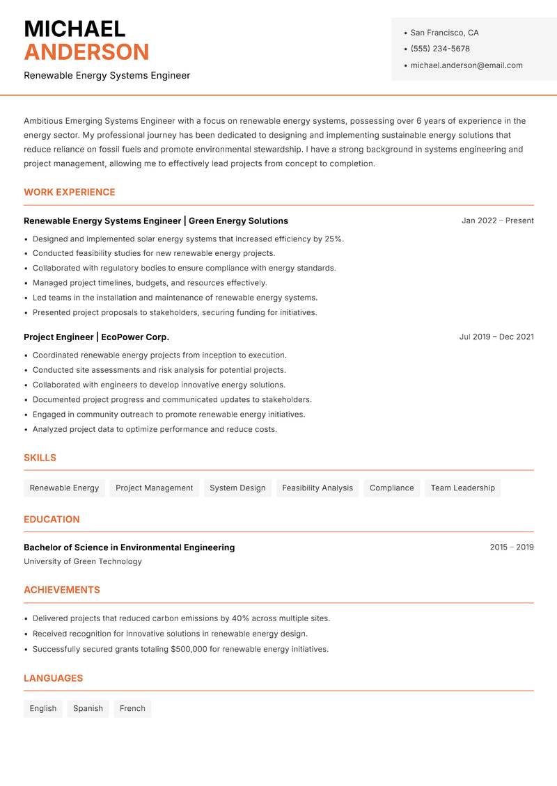 Emerging Systems Engineer resume sample — Renewable Energy Systems Engineer focus