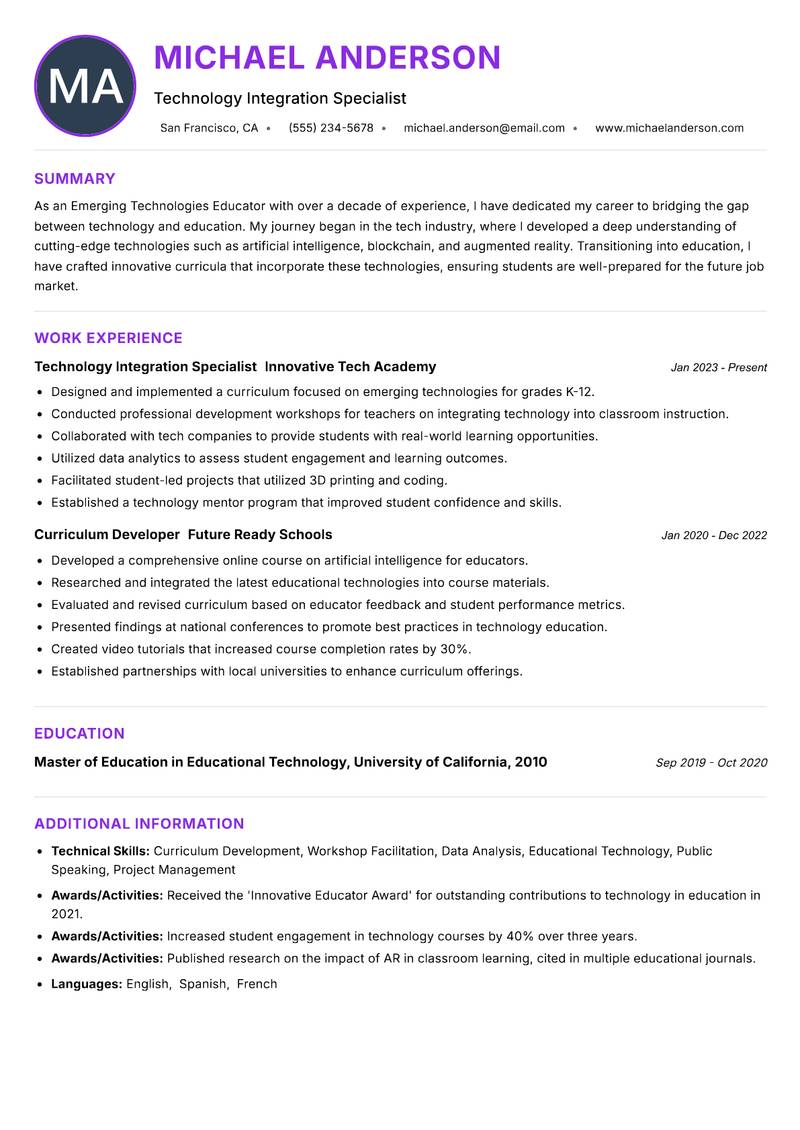 Emerging Technologies Educator resume example