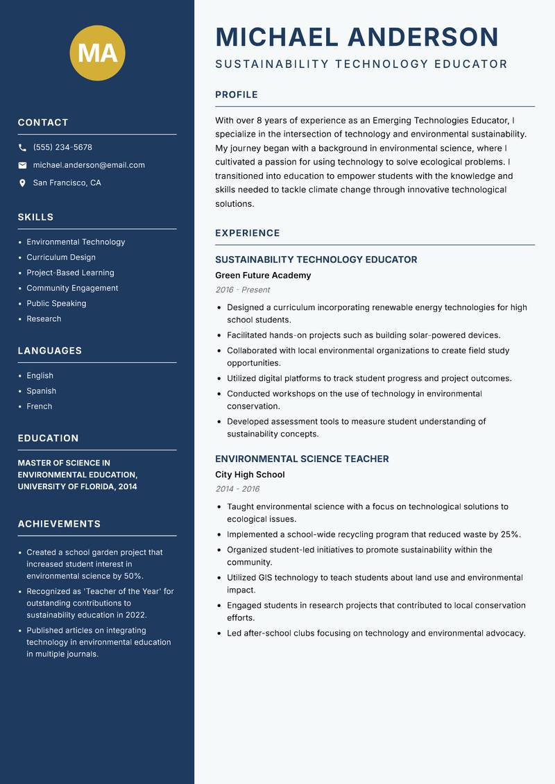 Emerging Technologies Educator resume sample — Sustainability Technology Educator focus