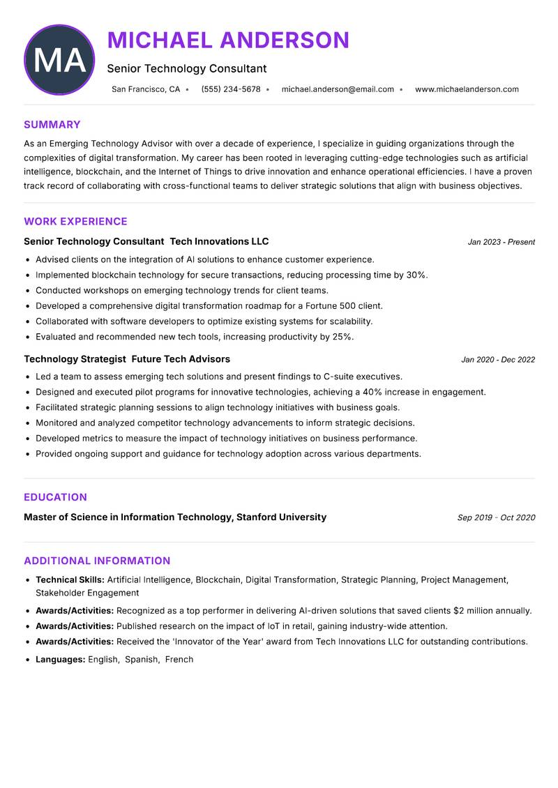 Emerging Technology Advisor resume example